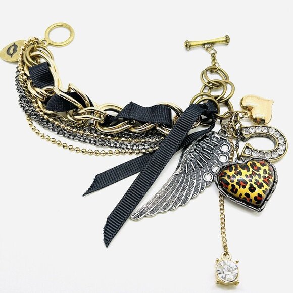 Betsey Johnson Fairy Goth Wing Heart Leopard Multi-layer Chain Crystal Bracelet - Picture 1 of 12